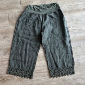 Alessia Pacini Linen Lace Trim Crops Dark Green Size Small